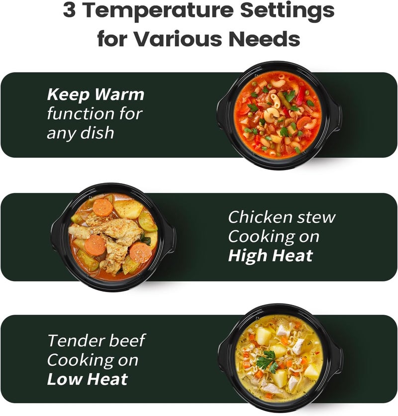 KOOC Small Slow Cooker, 2-Quart, Free Liners Included for Easy Clean-up, Upgraded Ceramic Pot, Adjustable Temp, Nutrient Loss Reduction, Stainless Steel, Black, Round… - Image 4
